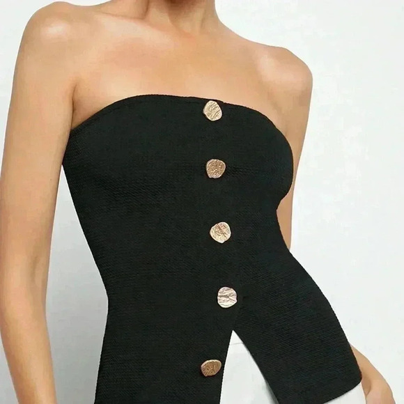 Black Casual Women's Button Front Split Hem Bandeau Top - Picture 1 of 7